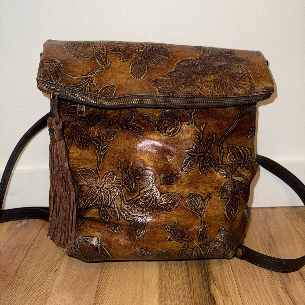 Patricia Nash Floral Embossed Tan Leather Crossbody Bag